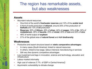 The region has remarkable assets,
             but also weaknesses

Assets
•    Abundant natural resources:
    – One third of the world’s freshwater reserves and 12% of the arable land
    – A third of world production of ethanol, around 25% of the production of
       biofuels and 13% of oil production
    – Reserves: 65% of lithium, 49% of silver, 44% of copper, 33% of tin, 32% of
       molybdenum, 26% of bauxite, 23% of nickel, 22% of iron and 22% of zinc
    – 48% of world output of soybean
    – 21% of the global area of ​natural forest and rich biodiversity

Weaknesses
•    Productive and export structure based on static comparative advantages:
    • In many cases (South America): linked to natural resources
    • In others, linked to low-wage, labour-intensive manufacturing or services
    • Still very few dynamic competitive advantages
•    Low investment and lags in innovation, science and technology, education and
     infrastructure
•    Labour market informality
•   High cost of violence (7.7% of GDP in Central America )
•   Asymmetric vulnerability to climate change
 