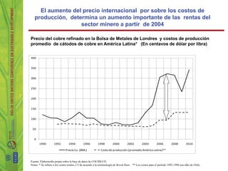El aumento del precio internacional por sobre los costos de
   producción, determina un aumento importante de las rentas del
                   sector minero a partir de 2004

Precio del cobre refinado en la Bolsa de Metales de Londres y costos de producción
promedio de cátodos de cobre en América Latina* (En centavos de dólar por libra)


400


350


300


250


200


150


100


 50


   0
       1990         1992        1994         1996         1998        2000         2002         2004         2006        2008         2010

                              Precio Cu (BML)               Costo de producción (promedio América Latina)**


Fuente: Elaboración propia sobre la base de datos de COCHILCO.
Notas: * Se refiere a los costos totales, C3 de acuerdo a la terminología de Brook Hunt. ** Los costos para el período 1992-1996 son sólo de Chile.
 