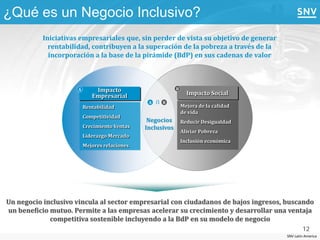 ¿Qué es un Negocio Inclusivo?
           Iniciativas empresariales que, sin perder de vista su objetivo de generar
             rentabilidad, contribuyen a la superación de la pobreza a través de la
             incorporación a la base de la pirámide (BdP) en sus cadenas de valor



                              Impacto                       B

                                                    U
                      A
                             Empresarial                          Impacto Social
                                                A       B
                          Rentabilidad                          Mejora de la calidad
                                                                de vida
                          Competitividad
                                                Negocios        Reducir Desigualdad
                          Crecimiento Ventas   Inclusivos
                                                                Aliviar Pobreza
                          Liderazgo Mercado
                                                                Inclusión económica
                          Mejores relaciones




Un negocio inclusivo vincula al sector empresarial con ciudadanos de bajos ingresos, buscando
un beneficio mutuo. Permite a las empresas acelerar su crecimiento y desarrollar una ventaja
             competitiva sostenible incluyendo a la BdP en su modelo de negocio
                                                                                               12
                                                                                       SNV Latin America
 