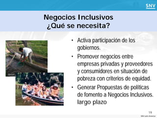 Negocios Inclusivos
 ¿Qué se necesita?

       • Activa participación de los
         gobiernos.
       • Promover negocios entre
         empresas privadas y proveedores
         y consumidores en situación de
         pobreza con criterios de equidad.
       • Generar Propuestas de políticas
         de fomento a Negocios Inclusivos.
         largo plazo
                                            19
                                    SNV Latin America
 