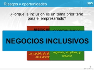 Riesgos y oportunidades

   ¿Porqué la inclusión es un tema prioritario
             para el empresariado?

                 RIESGO REALOPORTUNIDADES
              R eacción contra ercados del futuro
                               M el
                  proceso de
 NEGOCIOS INCLUSIVOS
                globalizaciónDesarrollo de nuevos e
                 privatización
                                y
                              innovadores modelos de
                                  negocio, creando
             Necesidad de desarrollar
                                ingresos, empleos, y
             un modelo de desarrollo
                  más inclusivo       riqueza


                                                                 5
                                                       SNV Latin America
 