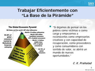 Trabajar Eficientemente con
  “La Base de la Pirámide”

               “Si dejamos de pensar en los
                pobres como víctimas o como
                carga y empezamos a
                reconocerlos como empresarios
                creativos y con capacidad de
                recuperación, como proveedores
                y como consumidores con
                sentido de valor, se abrirá un
                mundo de nuevas
                oportunidades.”

                                 C. K . P rahalad
                                                     8
                                           SNV Latin America
 