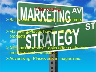 Marketing Sales: Sells the products to costumers. Marketing:Places how to  sell new products. After-sales service:Looks after customers problems and complains. Advertising: Places ads in magacines. 