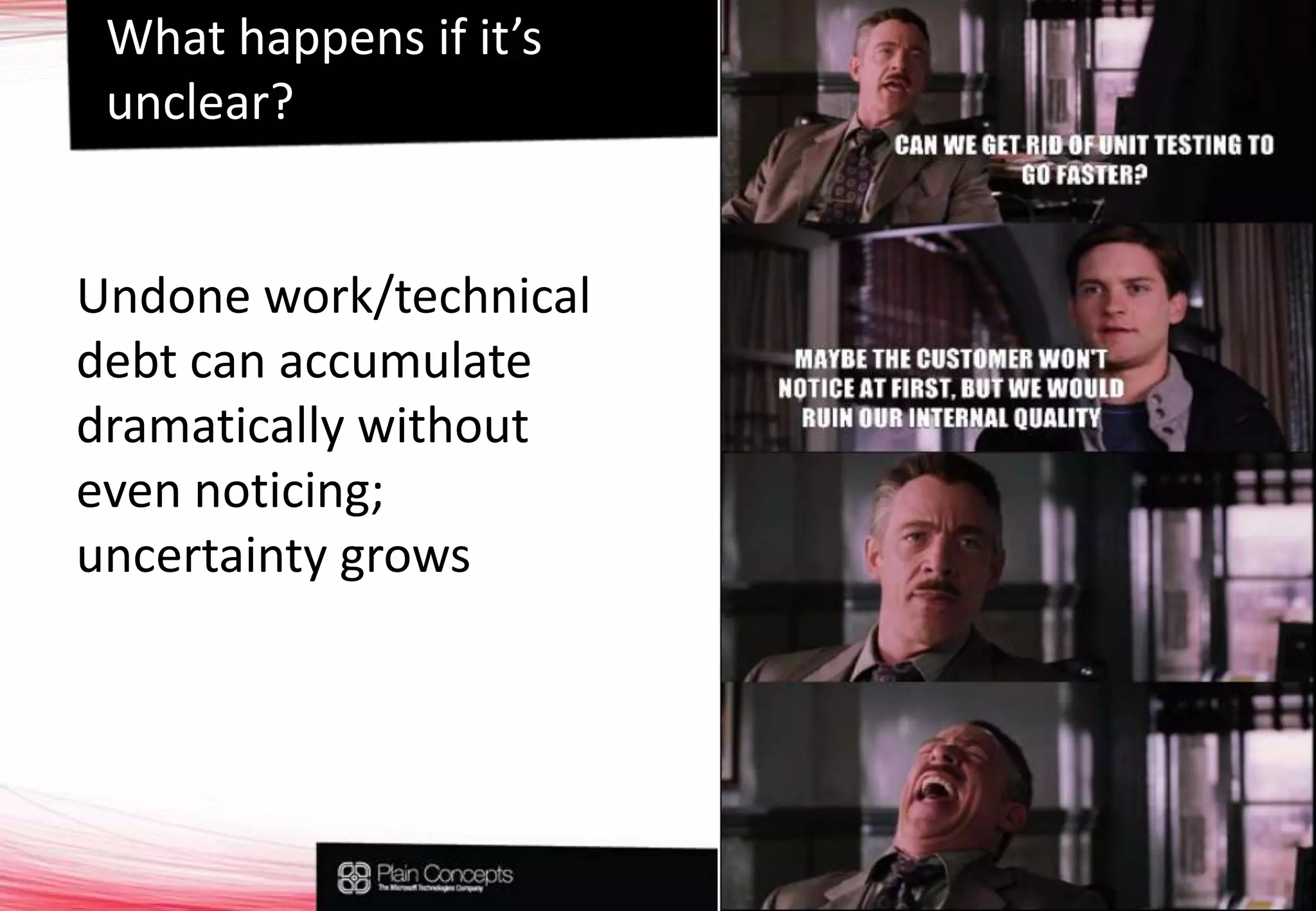 Whathappensifit’sunclear?Undone work/technical debt can accumulate dramatically without even noticing; uncertainty grows