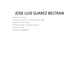 JOSE LUIS SUAREZ BELTRAN
estado civil: soltero
Fecha de nacimiento: 13 de octubre de 1994
Deporte favorito: futbol
Ciudad de origen: turmeque (boyaca)
Direccion: jurata
Telefono: 3118002828
 