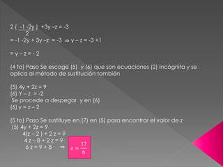 ⇒
2 ( -1 -2y ) +3y –z = -3
2
= -1 -2y + 3y –z = -3 y – z = -3 +1
= y – z = - 2
(4 to) Paso Se escoge (5) y (6) que son ecuaciones (2) incógnita y se
aplica al método de sustitución también
(5) 4y + 2z = 9
(6) Y – z = -2
Se procede a despegar y en (6)
(6) y = z – 2
(5 to) Paso Se sustituye en (7) en (5) para encontrar el valor de z
(5) 4y + 2z = 9
4(z – 2 ) + 2 z = 9
4 z – 8 + 2 z = 9
6 z = 9 + 8 𝑧 =
17
6
 