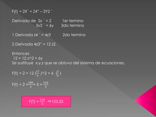F(t) = 2X´ + Z4” – 3Y2 ´
Derivada de 2x ´ = 2 1er termino
3y2 ´ = 6y 3do termino
1 Derivada z4 ´ = 4z3 2do termino
2 Derivada 4z3” = 12 z2
Entonces
12 + 12 z^2 + 6y
Se sustituye x,y,z que se obtuvo del sistema de ecuaciones.
F(t) = 2 + 12 (
17
6
)^2 + 6 (
5
6
)
F(t) = 2 +
289
3
+ 5 =
310
3
F(T) =
310
3
103.33
 