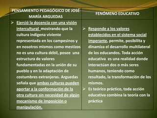 PENSAMIENTO PEDAGÓGICO DE JOSÉ
MARÍA ARGUEDAS
FENÓMENO EDUCATIVO
 Ejerció la docencia con una visión
intercultural mostrando que la
cultura indígena viviente
representada en los campesinos y
en nosotros mismos como mestizos
no es una cultura débil, posee una
estructura de valores
fundamentadas en la unión de su
pueblo y en la adaptación de
costumbres extranjeras. Arguedas
señala que ambas culturas pueden
aportar a la conformación de la
otra cultura sin necesidad de algún
mecanismo de imposición o
manipulación.
 Responde a los valores
establecidos en el sistema social
imperante, permite, posibilita y
dinamiza el desarrollo multilateral
de los educandos. Toda acción
educativa es una realidad donde
interactúan dos o más seres
humanos, teniendo como
resultado, la transformación de los
mismos.
 Es teórico práctico, toda acción
educativa combina la teoría con la
práctica
 