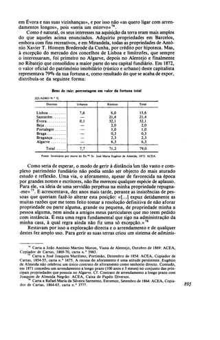 em Évora e nas suas vizinhanças», e por isso não «as quero ligar com arren-
damentos longos», pois «seria um estorvo»74
.
Como é natural, os seus interesses na aquisição da terra eram mais amplos
do que aqueles acima enunciados. Adquiriu propriedades em Barcelos,
embora com fins recreativos, e em Mirandela, todas as propriedades de Antó-
nio Xavier T. Homem Brederode da Cunha, por crédito por hipoteca. Mas,
à excepção do mercado dos concelhos de Lisboa e limítrofes, que sempre
o interessaram, foi primeiro no Algarve, depois no Alentejo e finalmente
no Ribatejo que consolidou a maior parte do seu capital fundiário. Em 1872,
o valor oficial do património imobilário (rústico e urbano) deste capitalista
representava 79% da sua fortuna e, como resultado do que se acaba de expor,
distribuía-se da seguinte forma:
Bens de raiz: percentagem em valor da fortuna total
{QUADRO N.° 5]
Distritos
Lisboa
Santarém
Évora
Beja
Portalegre
Braga
Bragança
Algarve
Total
Urbanos
7,6
0,1
7,7
Rústicos
6,0
21,4
32,1
2,0
1,0
0,3
2,3
6,3
71,2
Total
13,6
21,4
32,1
2,0
1,0
0,3
2,3
6,3
79,0
Fonte: Inventário por morte do Ex.mo
Sr. José Maria Eugénio de Almeida, 1872: ACEA.
Como seria de esperar, o modo de gerir à distância Um tão vasto e com-
plexo património fundiário não podia senão ser objecto do mais aturado
estudo e reflexão. Uma via, o aforamento, apesar de favorecida na época
por grandes nomes e escritores, não lhe mereceu qualquer espécie de aplauso.
Para ele, «a ideia de uma servidão perpétua na minha propriedade repugna-
-me»75
. E acrescentava, dez anos mais tarde, perante as insistências de pes-
soas que queriam fazê-lo alterar esta posição: «[...] expuz detidamente as
muitas razões que me têem feito tomar a resolução definitiva de não aforar
propriedade ou parte alguma, grande ou pequena, de propriedade minha a
pessoa alguma, nem ainda a amigos meus particulares que mo têem pedido
com instância. É esta uma regra fundamental que sigo na administração da
minha casa, à qual regra ainda não fiz uma só excepção.»76
Restavam por isso a exploração directa e o arrendamento e de qualquer
destes fez amplo uso. Para gerir as suas terras criou um sistema de adminis-
74
Carta a João António Martins Moron, Viana de Alentejo, Outubro de 1869: ACEA,
Copiador de Cartas, 1869-70, carta n.° 5983.
75
Carta a José Joaquim Marítimo, Portimão, Dezembro de 1854: ACEA, Copiador de
Cartas, 1854-55, carta n.° 1675. A recusa do aforamento é uma atitude persistente. Eugénio
de Almeida não celebrou um único contrato de aforamento como senhorio directo. Contudo,
em 1871 concedeu um arrendamento a longo prazo (100 anos e 3 meses) no conjunto das prin-
cipais propriedades que possuía no Algarve. Cf. Contrato de arrendamento a longo prazo com
Joaquim de Almeida Negrão: ACEA, Caixa de Papéis Diversos.
76
Carta a Rafael Maria da Silveira Sarmento, Estremoz, Setembro de 1864: ACEA, Copia-
dor de Cartas, 1864-65, carta n.° 3777. 895
 