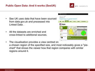 www.sti-innsbruck.at 
Public Open Data: Anditworks(SeeUK) 
• 
See UK uses data that have been sourced from data.gov.uk and processed into Linked Data . 
• 
All the datasets are enriched and cross-linked to additional sources. 
• 
The visualisationprovides a view centredon a chosen region of the specified size, and most noticeably gives a "pie- chart" that shows the viewer how that region compares with similar regions around it. 20 
 