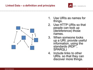 www.sti-innsbruck.at 
Linked Data –a definition and principles 
1. 
Use URIs as names for things. 
2. 
Use HTTP URIs so that people can look up (dereference) those names. 
3. 
When someone looks up a URI, provide useful information, using the standards (RDF*, SPARQL) 
4. 
Include links to other URIs. so that they can discover more things. 
31 
 