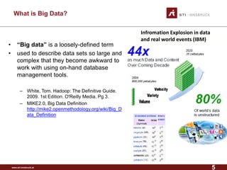 www.sti-innsbruck.at 
What is Big Data? 
• 
“Big data”is a loosely-defined term 
• 
used to describe data sets so large and complex that they become awkward to work with using on-hand database management tools. 
– 
White, Tom. Hadoop: The Definitive Guide. 2009. 1st Edition. O'Reilly Media. Pg 3. 
– 
MIKE2.0, Big Data Definition http://mike2.openmethodology.org/wiki/Big_Data_Definition 
Infromation Explosion in data 
and real world events (IBM) 
5 
 