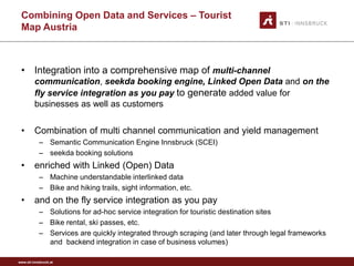 www.sti-innsbruck.at 
CombiningOpen Data andServices –Tourist MapAustria 
• 
Integration intoa comprehensivemapofmulti-channelcommunication, seekdabookingengine, LinkedOpen Data andon theflyserviceintegrationasyoupayto generate addedvalueforbusinessesaswell ascustomers 
• 
Combinationofmultichannelcommunicationandyieldmanagement 
– 
SemanticCommunication Engine Innsbruck (SCEI) 
– 
seekdabookingsolutions 
• 
enrichedwithLinked(Open) Data 
– 
Machineunderstandableinterlinkeddata 
– 
Bike andhikingtrails, sightinformation, etc. 
• 
and on the fly service integration as you pay 
– 
Solutions for ad-hoc service integration for touristic destination sites 
– 
Bike rental, ski passes, etc. 
– 
Services are quickly integrated through scraping (and later through legal frameworks and backendintegration in case of business volumes)  