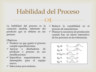 
Habilidad del Proceso
La habilidad del proceso es la
variación medida, inherente del
producto que se obtiene en ese
proceso.
Objetivos:
 Predecir en que grado el proceso
cumple especificaciones.
 Apoyar a diseñadores de
producto o proceso en sus
modificaciones.
 Especificar requerimientos de
desempeño para el equipo
nuevo.
 Seleccionar proveedores.
 Reducir la variabilidad en el
proceso de manufactura.
 Planear la secuencia de producción
cuando hay un efecto interactivo
de los procesos en las tolerancias.
 