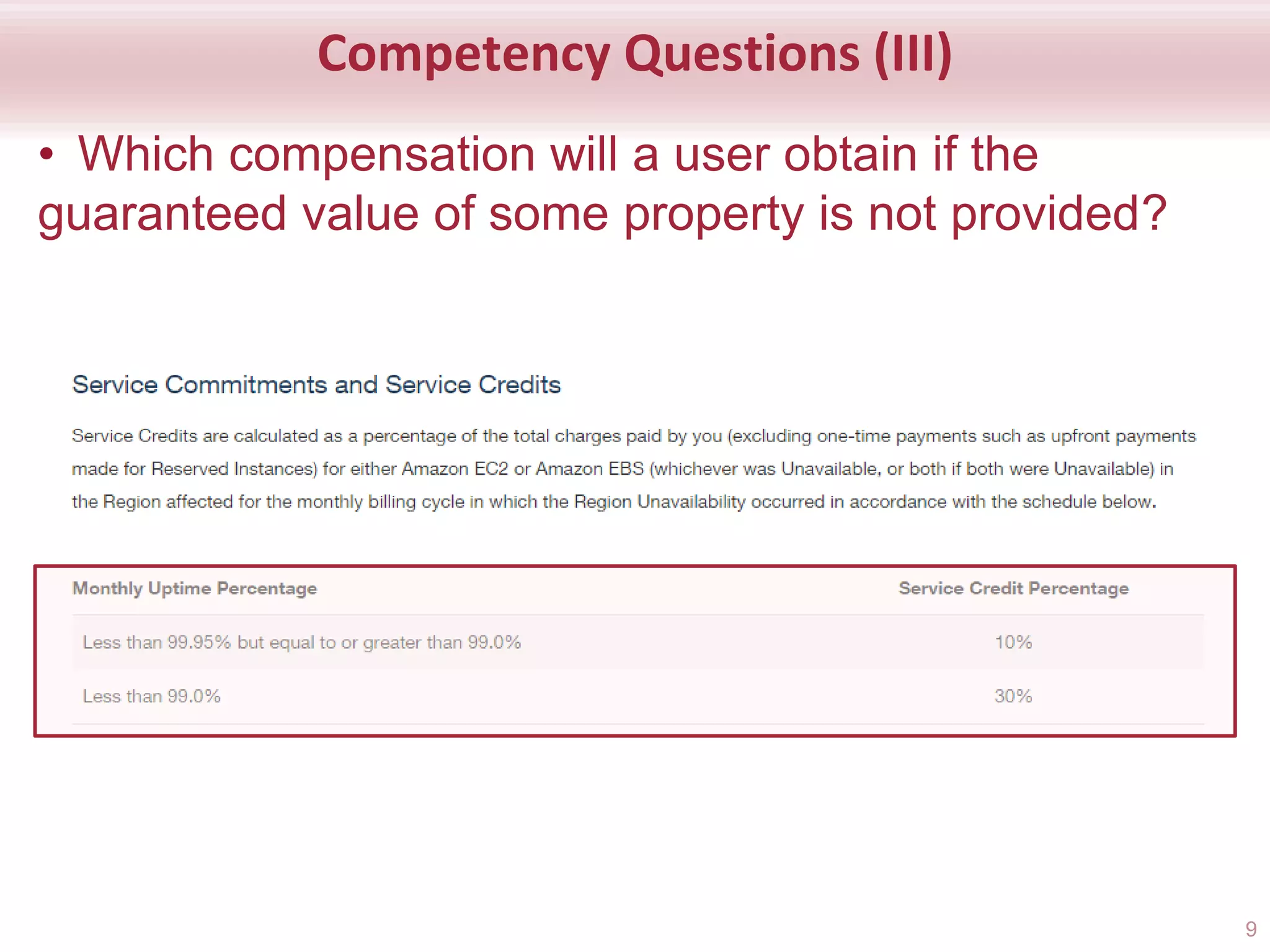 Competency Questions (III)
• Which compensation will a user obtain if the
guaranteed value of some property is not provided?
9
 