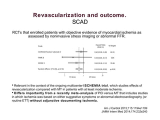 Revascularization and outcome.
SCAD
• Relevant in the context of the ongoing multicenter ISCHEMIA trial, which studies effects of
revascularization compared with MT in patients with at least moderate ischemia.
• Differs importantly from a recently meta-analysis of PCI versus MT that includes studies
in which ischemia was based on either suggestive symptoms or abnormal electrocardiography (or
routine ETT) without adjunctive documenting ischemia.
RCTs that enrolled patients with objective evidence of myocardial ischemia as
assessed by noninvasive stress imaging or abnormal FFR.
Am J Cardiol 2015;115:1194e1199
JAMA Intern Med 2014;174:232e240
 