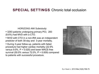 SPECIAL SETTINGS Chronic total occlusion
Eur Heart J. 2012 Mar;33(6):768-75
HORIZONS AMI Subestudy:
• 3283 patients undergoing primary PCI, 283
(8.6%) had MVD with a CTO.
• MVD with CTO in a non-IRA was an independent
predictor of both 30-day and 3-year mortality.
• During 3-year follow-up, patients with failed
procedure had higher cardiac mortality (22.9%
versus 9.0%, P = 0.020) and lower MACE-free
survival (50.0% versus 72.0%, P = 0.009) compared
to patients with successful procedure.
 