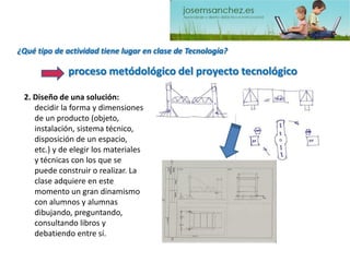 ¿Qué tipo de actividad tiene lugar en clase de Tecnología? 2. Diseño de una solución: decidir la forma y dimensiones de un producto (objeto, instalación, sistema técnico, disposición de un espacio, etc.) y de elegir los materiales y técnicas con los que se puede construir o realizar. La clase adquiere en este momento un gran dinamismo con alumnos y alumnas dibujando, preguntando, consultando libros y debatiendo entre sí. 
proceso metódológicodel proyecto tecnológico  