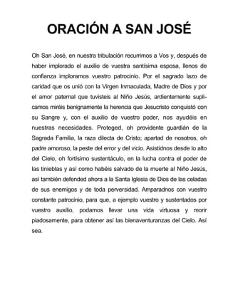 ORACIÓN A SAN JOSÉ
Oh San José, en nuestra tribulación recurrimos a Vos y, después de
haber implorado el auxilio de vuestra santísima esposa, llenos de
confianza imploramos vuestro patrocinio. Por el sagrado lazo de
caridad que os unió con la Virgen Inmaculada, Madre de Dios y por
el amor paternal que tuvisteis al Niño Jesús, ardientemente supli-
camos miréis benignamente la herencia que Jesucristo conquistó con
su Sangre y, con el auxilio de vuestro poder, nos ayudéis en
nuestras necesidades. Proteged, oh providente guardián de la
Sagrada Familia, la raza dilecta de Cristo; apartad de nosotros, oh
padre amoroso, la peste del error y del vicio. Asistidnos desde lo alto
del Cielo, oh fortísimo sustentáculo, en la lucha contra el poder de
las tinieblas y así como habéis salvado de la muerte al Niño Jesús,
así también defended ahora a la Santa Iglesia de Dios de las celadas
de sus enemigos y de toda perversidad. Amparadnos con vuestro
constante patrocinio, para que, a ejemplo vuestro y sustentados por
vuestro auxilio, podamos llevar una vida virtuosa y morir
piadosamente, para obtener así las bienaventuranzas del Cielo. Así
sea.
 