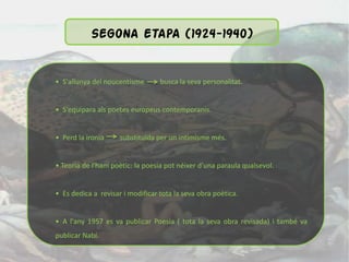 SEGONA ETAPA (1924-1940)


• S'allunya del noucentisme       busca la seva personalitat.


• S'equipara als poetes europeus contemporanis.


• Perd la ironia     substituïda per un intimisme més.


• Teoria de l'ham poètic: la poesia pot néixer d'una paraula qualsevol.


• Es dedica a revisar i modificar tota la seva obra poètica.


• A l'any 1957 es va publicar Poesia ( tota la seva obra revisada) i també va
publicar Nabí.
 