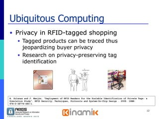 Ubiquitous Computing Privacy in RFID-tagged shopping Tagged products can be traced thus jeopardizing buyer privacy Research on privacy-preserving tag identification A. Solanas and J. Manjón, "Deployment of RFID Readers for the Scalable Identification of Private Tags: a Simulation Study". RFID Security: Techniques, Protocols and System-On-Chip Design . 2008. ISBN: 978-0-38776-480-1. 