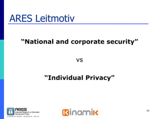 ARES Leitmotiv “ National and corporate security” vs “ Individual Privacy” 