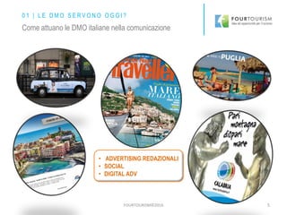 FOURTOURISM©2016 5
• ADVERTISING REDAZIONALI
• SOCIAL
• DIGITAL ADV
Come attuano le DMO italiane nella comunicazione
0 1 | L E D M O S E R V O N O O G G I ?
 