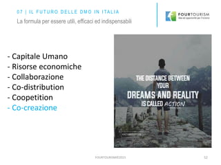 FOURTOURISM©2015 52
- Capitale Umano
- Risorse economiche
- Collaborazione
- Co-distribution
- Coopetition
- Co-creazione
0 7 | I L F U T U R O D E L L E D M O I N I TA L I A
La formula per essere utili, efficaci ed indispensabili
 