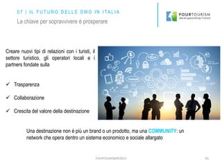 FOURTOURISM©2015 55
0 7 | I L F U T U R O D E L L E D M O I N I TA L I A
La chiave per sopravvivere è prosperare
Creare nuovi tipi di relazioni con i turisti, il
settore turistico, gli operatori locali e i
partners fondate sulla
 Trasparenza
 Collaborazione
 Crescita del valore della destinazione
Una destinazione non è più un brand o un prodotto, ma una COMMUNITY: un
network che opera dentro un sistema economico e sociale allargato
 