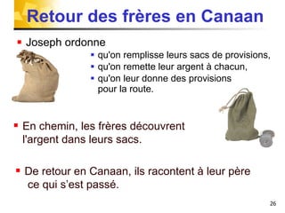 Retour des frères en Canaan Joseph ordonne qu'on remplisse leurs sacs de provisions, qu'on remette leur argent à chacun, qu'on leur donne des provisions  pour la route. De retour en Canaan, ils racontent à leur père  ce qui s’est passé. En chemin, les frères découvrent l'argent dans leurs sacs. 
