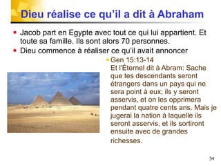 Dieu réalise ce qu’il a dit à Abraham Jacob part en Egypte avec tout ce qui lui appartient. Et toute sa famille. Ils sont alors 70 personnes. Dieu commence à réaliser ce qu’il avait annoncer  Gen 15:13-14  Et l'Éternel dit à Abram: Sache que tes descendants seront étrangers dans un pays qui ne sera point à eux; ils y seront asservis, et on les opprimera pendant quatre cents ans. Mais je jugerai la nation à laquelle ils seront asservis, et ils sortiront ensuite avec de grandes richesses.   