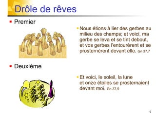 Premier  Nous étions à lier des gerbes au milieu des champs; et voici, ma gerbe se leva et se tint debout, et vos gerbes l'entourèrent et se prosternèrent devant elle.  Gn 37,7 Deuxième Et voici, le soleil, la lune  et onze étoiles se prosternaient devant moi.  Gn 37,9 Drôle de rêves  