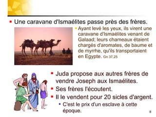 Une caravane d'Ismaélites passe près des frères. Ayant levé les yeux, ils virent une caravane d'Ismaélites venant de Galaad; leurs chameaux étaient chargés d'aromates, de baume et de myrrhe, qu'ils transportaient en Egypte.  Gn 37,25 Juda propose aux autres frères de vendre Joseph aux Ismaélites. Ses frères l'écoutent. Il le vendent pour 20 sicles d'argent. C'est le prix d'un esclave à cette époque. 