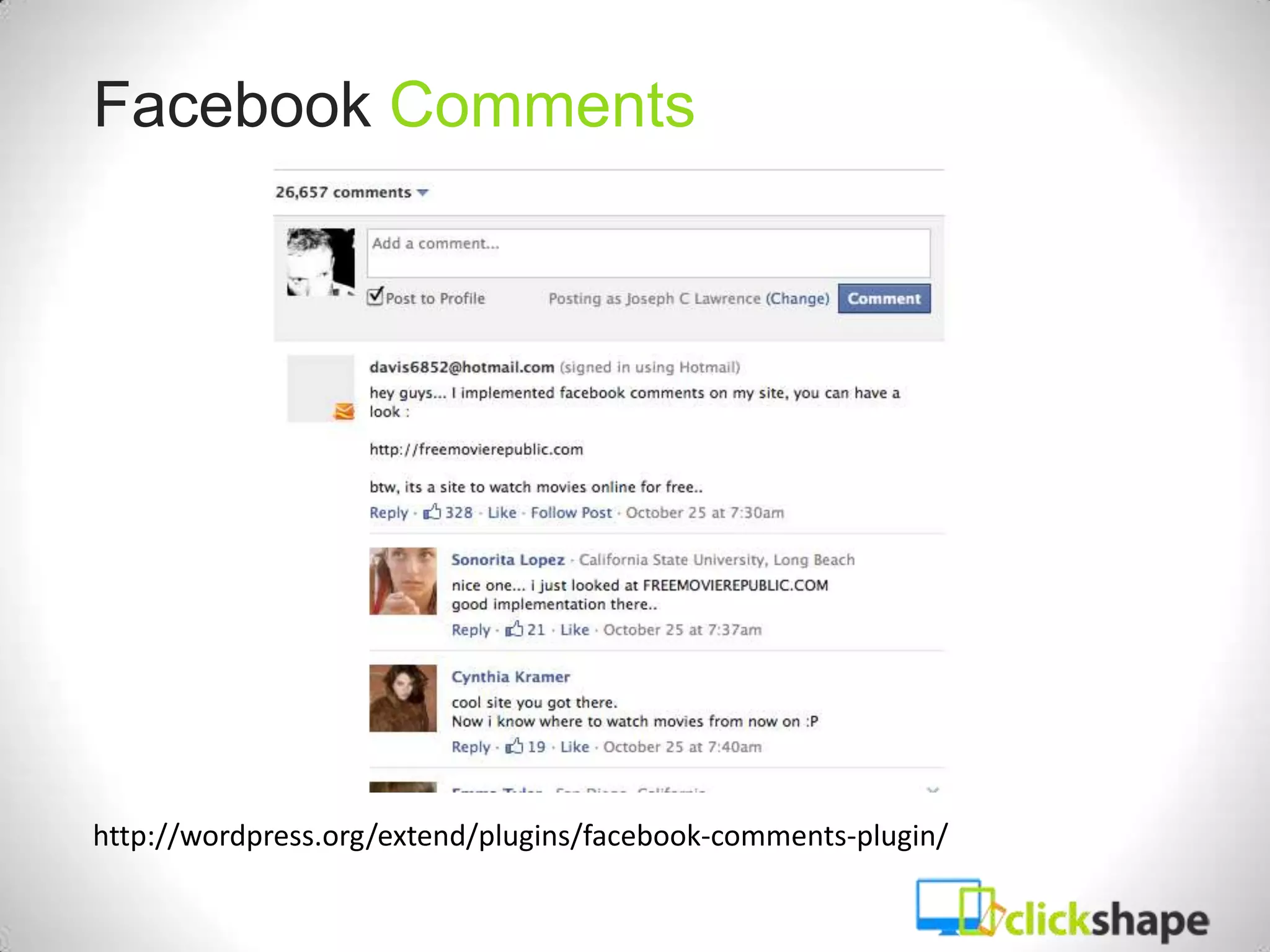 Facebook Comments




http://wordpress.org/extend/plugins/facebook-comments-plugin/
 