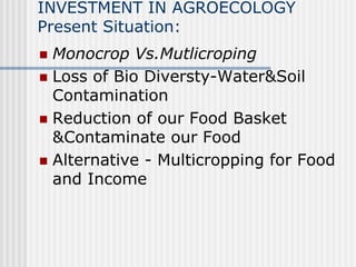 INVESTMENT IN AGROECOLOGY
Present Situation:
 Monocrop Vs.Mutlicroping
 Loss of Bio Diversty-Water&Soil
Contamination
 Reduction of our Food Basket
&Contaminate our Food
 Alternative - Multicropping for Food
and Income
 