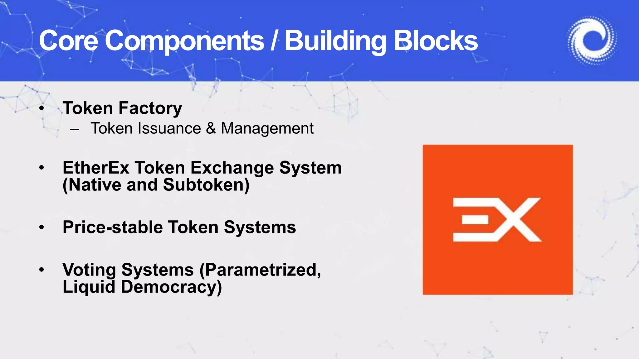 • Token Factory
– Token Issuance & Management
• EtherEx Token Exchange System
(Native and Subtoken)
• Price-stable Token Systems
• Voting Systems (Parametrized,
Liquid Democracy)
Core Components / Building Blocks
 