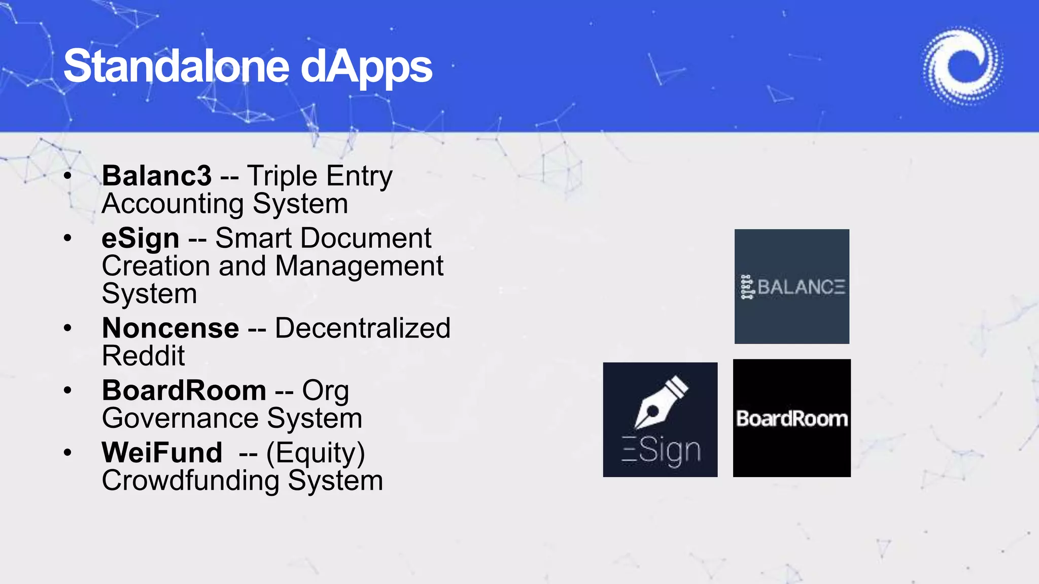 • Balanc3 -- Triple Entry
Accounting System
• eSign -- Smart Document
Creation and Management
System
• Noncense -- Decentralized
Reddit
• BoardRoom -- Org
Governance System
• WeiFund -- (Equity)
Crowdfunding System
Standalone dApps
 