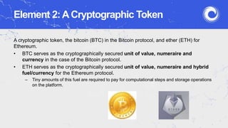 Element 2:ACryptographic Token
A cryptographic token, the bitcoin (BTC) in the Bitcoin protocol, and ether (ETH) for
Ethereum.
• BTC serves as the cryptographically secured unit of value, numeraire and
currency in the case of the Bitcoin protocol.
• ETH serves as the cryptographically secured unit of value, numeraire and hybrid
fuel/currency for the Ethereum protocol.
– Tiny amounts of this fuel are required to pay for computational steps and storage operations
on the platform.
 