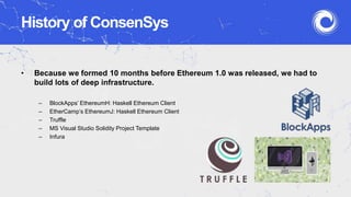 History of ConsenSys
• Because we formed 10 months before Ethereum 1.0 was released, we had to
build lots of deep infrastructure.
– BlockApps’ EthereumH: Haskell Ethereum Client
– EtherCamp’s EthereumJ: Haskell Ethereum Client
– Truffle
– MS Visual Studio Solidity Project Template
– Infura
 