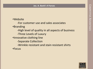 COMPETITIVE ADVANTAGES
                 Jos. A. Bank’s 4 Forces




•Website
    -For customer use and sales associates
•Branding
    -High level of quality in all aspects of business
    -Three Levels of Luxury
•Innovative clothing line
    -Separate Collection
    -Wrinkle resistant and stain resistant shirts
•Focus
 