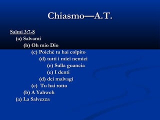 Chiasmo—A.T. Salmi 3:7-8 (a) Salvami (b) Oh mio Dio (c) Poichè tu hai colpito (d) tutti i miei nemici (e) Sulla guancia (e) I denti (d) dei malvagi (c)  Tu hai rotto (b) A Yahweh (a) La Salvezza 