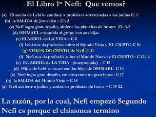 El Libro 1 st  Nefi:  Que vemos? (a)  El sueño de Lehi lo conduce a profetizar advertencias a los judíos C. 1 (b)  la SALIDA de Jerusalén – Ch 2 (c) Nefi logra gran desafío, obtiene las planchas de bronce  Ch 3-5 (d) ISHMAEL ensambla al grupo con sus hijas (e) El ARBOL de LA VIDA – C 8 (f) Lehi nos da profecías sobre el Mundo Viejo y EL CRISTO C 10 (g) VISION DE CRISTO de Nefi  C 11 (f)  Nefi nos da profesáis sobre el Mundo Nuevo y El CRISTO– C 12-14 (e)  EL ARBOL de LA VIDA  (interpretada)  - C 15 (d)  Hijos de Lehi se casan con las hijas de ISHMAEL -C 16 (c)  Nefi logra gran desafío, construyendo un gran barco- C 17 (b)  la SALIDA del Mundo Viejo – C 18 (a)  Nefi advierte a judíos y cotiza las profecías de Isaías – C 19-22 La razón, por la cual, Nefi empezó Segundo Nefi es porque el chiasmus termino 