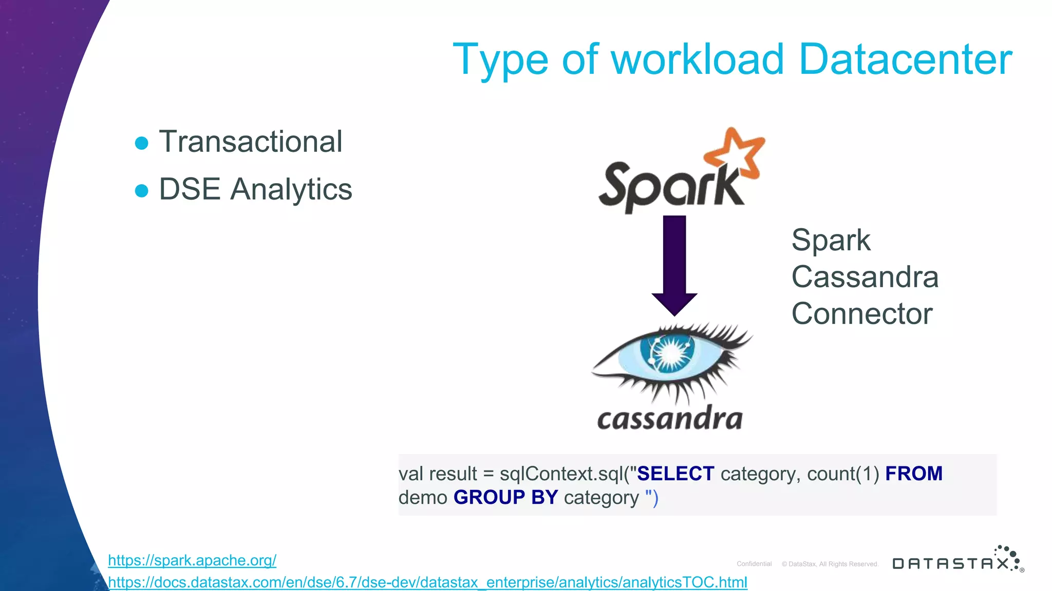 © DataStax, All Rights Reserved.ConfidentialConfidential © DataStax, All Rights Reserved. Type of workload Datacenter ● Transactional ● DSE Analytics Spark Cassandra Connector val result = sqlContext.sql("SELECT category, count(1) FROM demo GROUP BY category ") https://spark.apache.org/ https://docs.datastax.com/en/dse/6.7/dse-dev/datastax_enterprise/analytics/analyticsTOC.html 