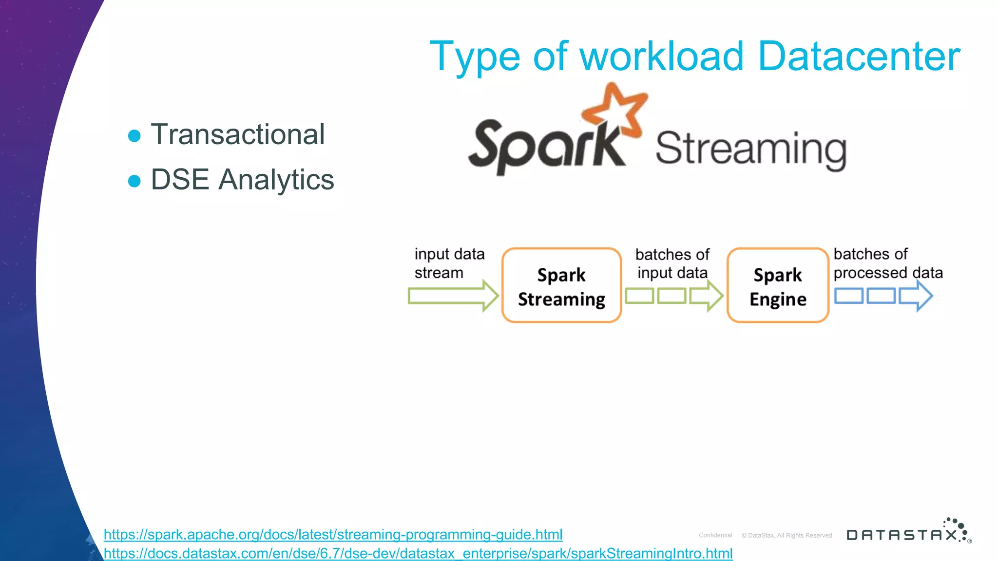 © DataStax, All Rights Reserved.ConfidentialConfidential © DataStax, All Rights Reserved. Type of workload Datacenter ● Transactional ● DSE Analytics https://spark.apache.org/docs/latest/streaming-programming-guide.html https://docs.datastax.com/en/dse/6.7/dse-dev/datastax_enterprise/spark/sparkStreamingIntro.html 