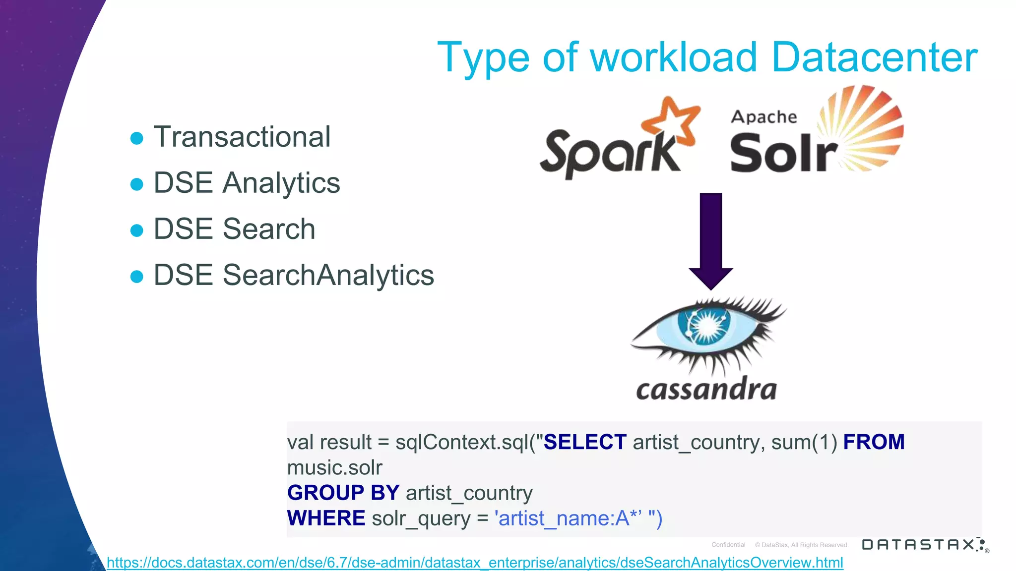 © DataStax, All Rights Reserved.ConfidentialConfidential © DataStax, All Rights Reserved. Type of workload Datacenter ● Transactional ● DSE Analytics ● DSE Search ● DSE SearchAnalytics val result = sqlContext.sql("SELECT artist_country, sum(1) FROM music.solr GROUP BY artist_country WHERE solr_query = 'artist_name:A*’ ") https://docs.datastax.com/en/dse/6.7/dse-admin/datastax_enterprise/analytics/dseSearchAnalyticsOverview.html 
