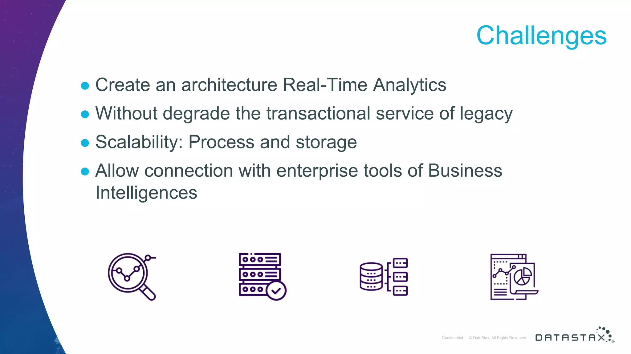 © DataStax, All Rights Reserved.ConfidentialConfidential © DataStax, All Rights Reserved. Challenges ● Create an architecture Real-Time Analytics ● Without degrade the transactional service of legacy ● Scalability: Process and storage ● Allow connection with enterprise tools of Business Intelligences 