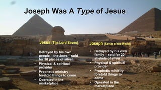 Joseph Was A Type of Jesus
• Betrayed by his own
people – the Jews – sold
for 30 pieces of silver
• Physical & spiritual
provider
• Prophetic ministry –
foretold things to come
• Operated in the
marketplace
• Betrayed by his own
family – sold for 20
shekels of silver
• Physical & spiritual
provider
• Prophetic ministry –
foretold things to
come
• Operated in the
marketplace
Jesus (The Lord Saves) Joseph (Savior of the World)
 