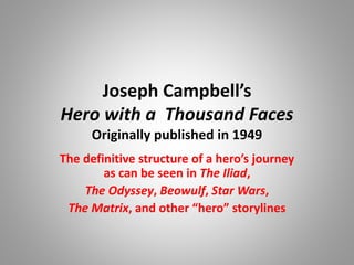 Joseph Campbell’s
Hero with a Thousand Faces
Originally published in 1949
The definitive structure of a hero’s journey
as can be seen in The Iliad,
The Odyssey, Beowulf, Star Wars,
The Matrix, and other “hero” storylines
 