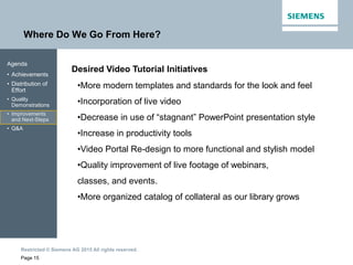 Restricted © Siemens AG 2015 All rights reserved.
Where Do We Go From Here?
Page 15
Agenda
• Achievements
• Distribution of
Effort
• Quality
Demonstrations
• Improvements
and Next-Steps
• Q&A
Desired Video Tutorial Initiatives
•More modern templates and standards for the look and feel
•Incorporation of live video
•Decrease in use of “stagnant” PowerPoint presentation style
•Increase in productivity tools
•Video Portal Re-design to more functional and stylish model
•Quality improvement of live footage of webinars,
classes, and events.
•More organized catalog of collateral as our library grows
 