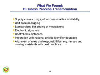 What We Found:
        Business Process Transformation

 Supply  chain – drugs, other consumables availability
 Unit dose packaging
 Standardized bar coding of medications
 Electronic signature
 Controlled substances
 Integration with national unique identifier database
 Alignment of roles and responsibilities, e.g. nurses and
  nursing assistants with best practices




                              24                             24
 